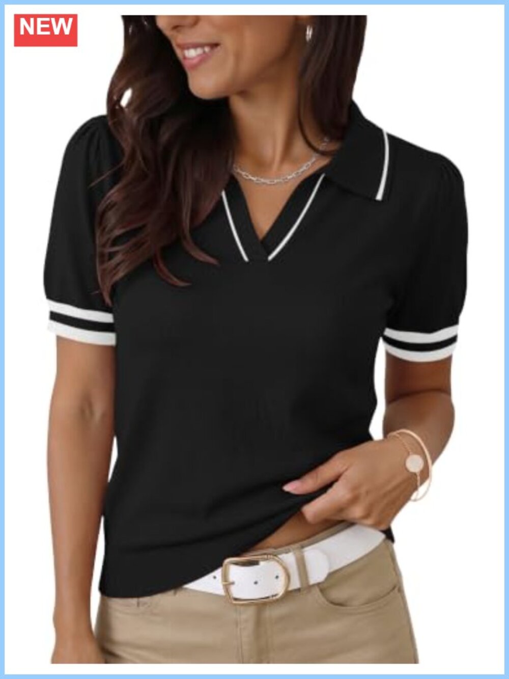 Womens Puff Short Sleeve Polo Sweater V Neck Ribbed Knit Pullover Top